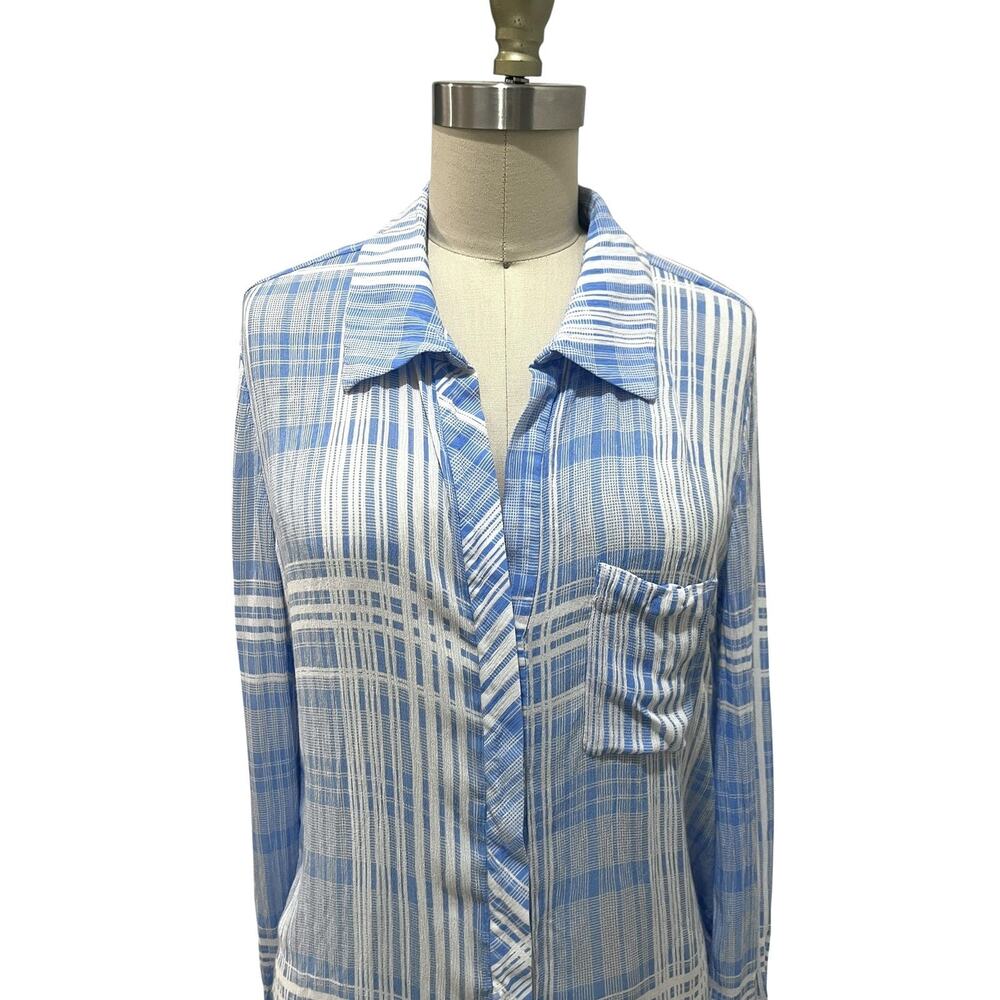 Diane Von Furstenberg Carter Blouse Womens 8 Blue White Plaid Button Front - Picture 5 of 7
